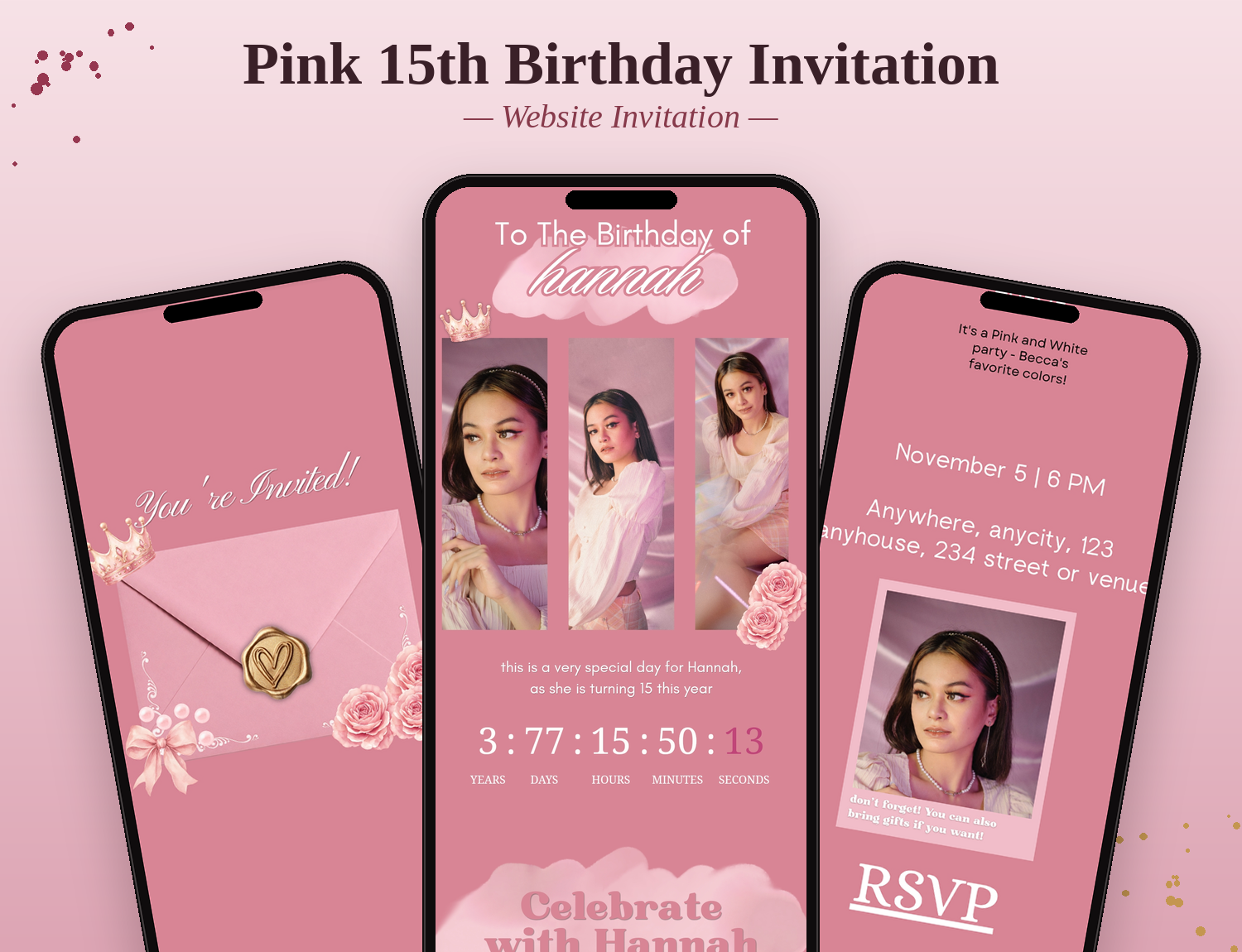 Pink 15th Birthday Invitation